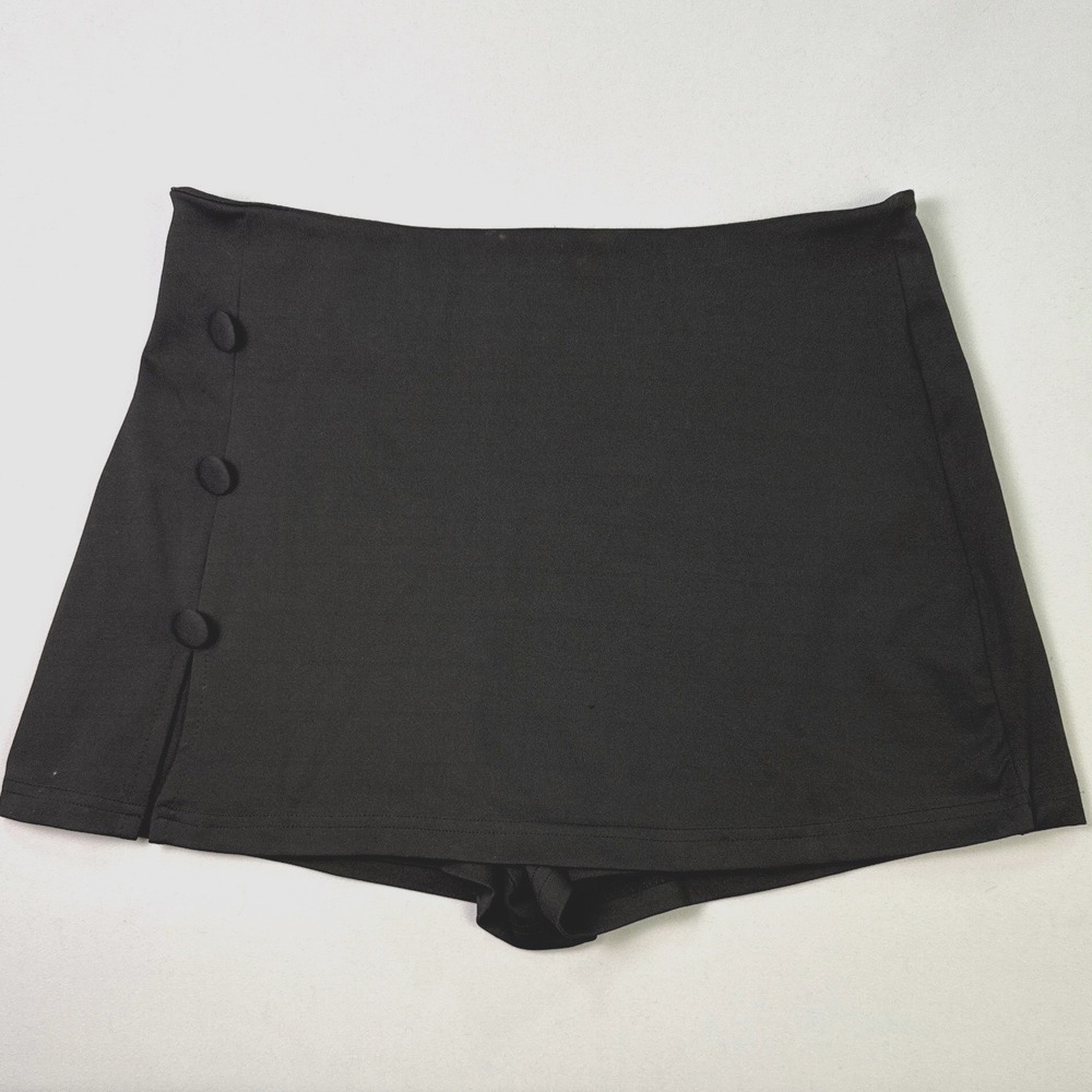 Chaolilai Womens Black Mini Skort Wrap Front Side Zipper Button Detail Size M